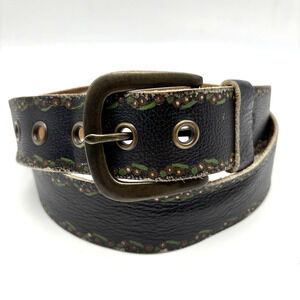 Vintage 80s Hand Painted Black w/ Floral Trim Leather Brass Buckle Belt 33-37"